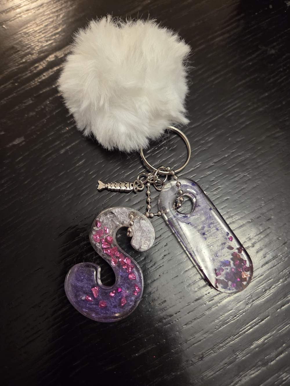 Plush White Pom Pom Keychain with Purple Glitter Resin Charms